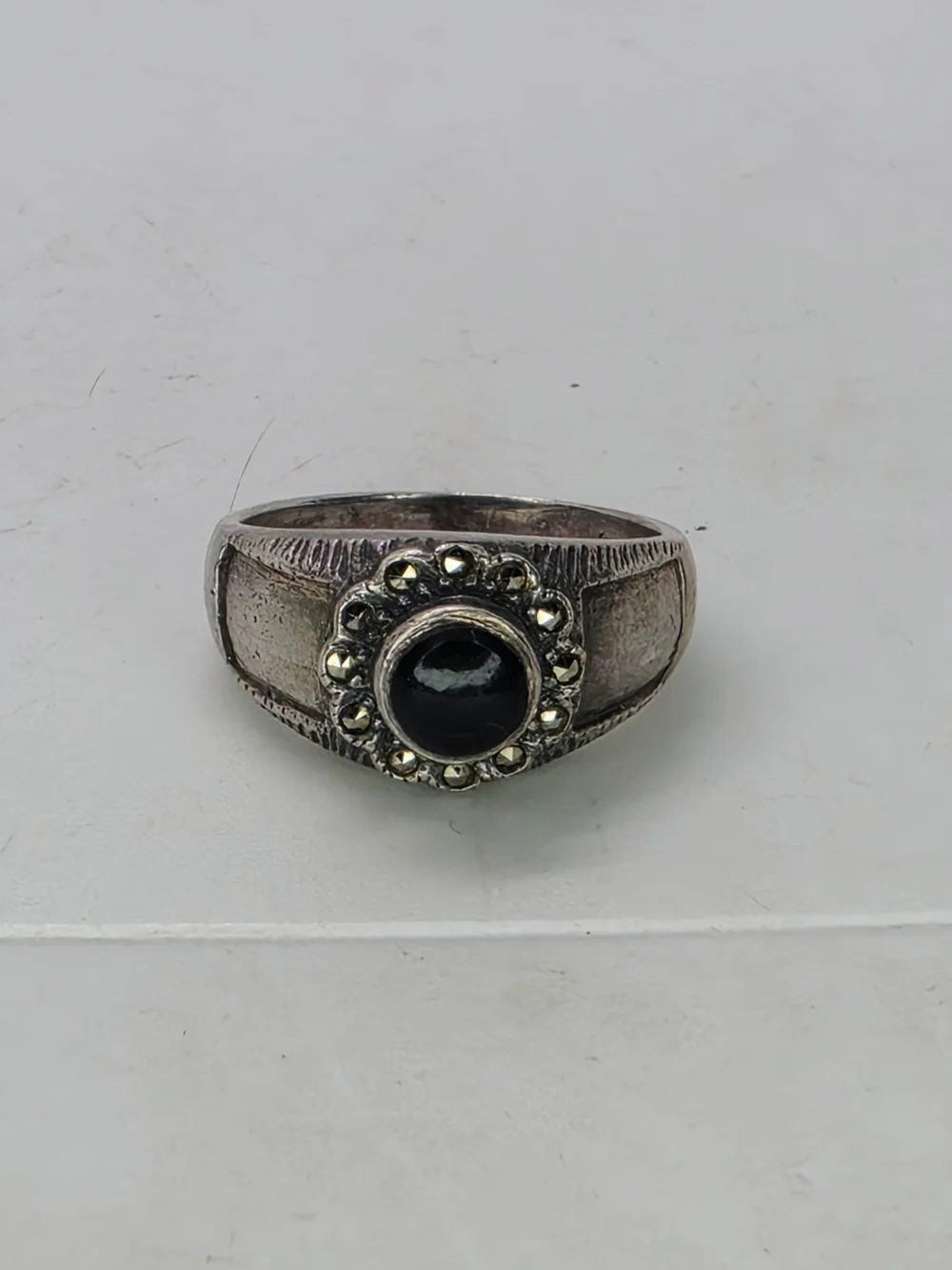 Vintage Black Onyx Marcasite Halo Sterling Silver 925 Western Ring Sz 7